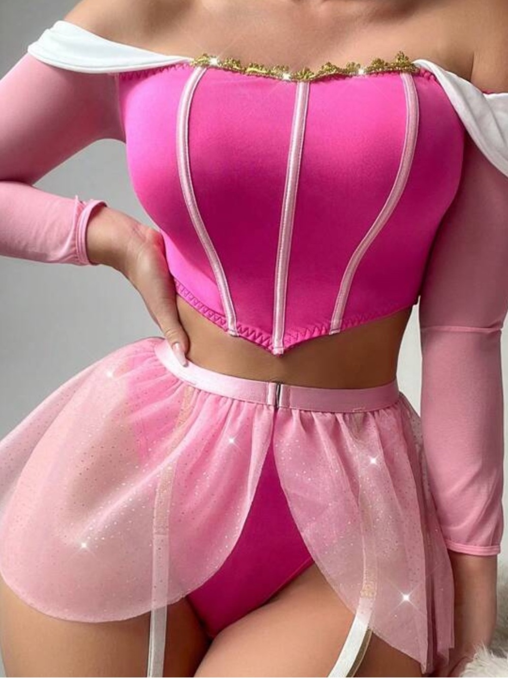PRNCESS COSPLAY Pink Off-Shoulder Tulle Mini Skirt for Women